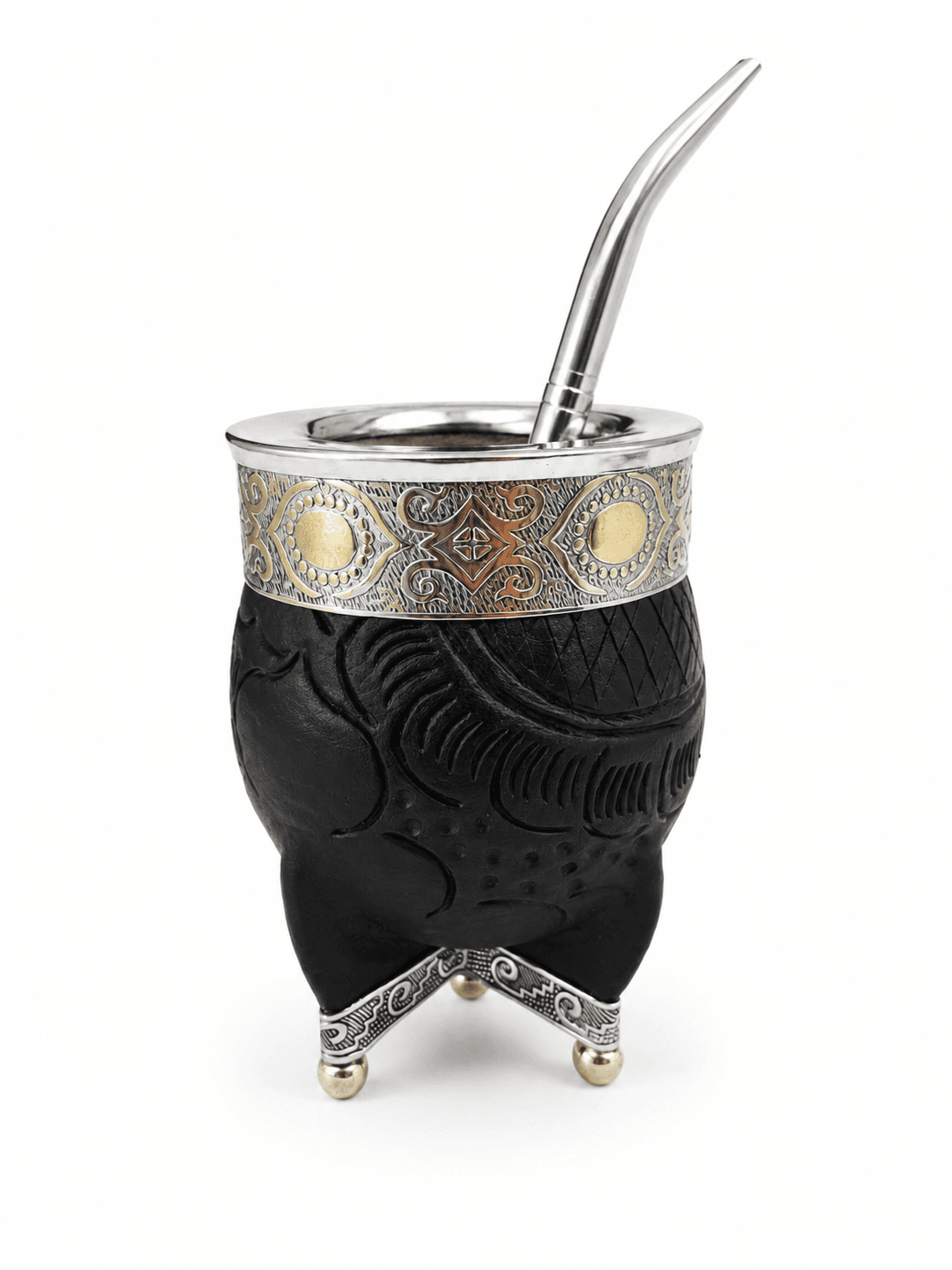 Mate imperial liso, base bolita y cuero repujado